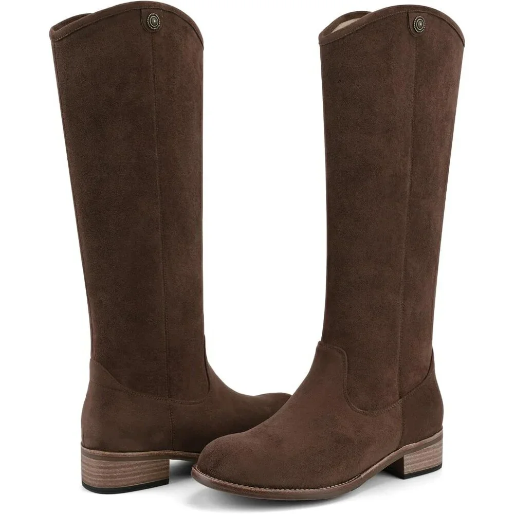 Women's Dark Brown Round Toe Chunky Heel Faux Suede Tall Knee High Boots Rubber